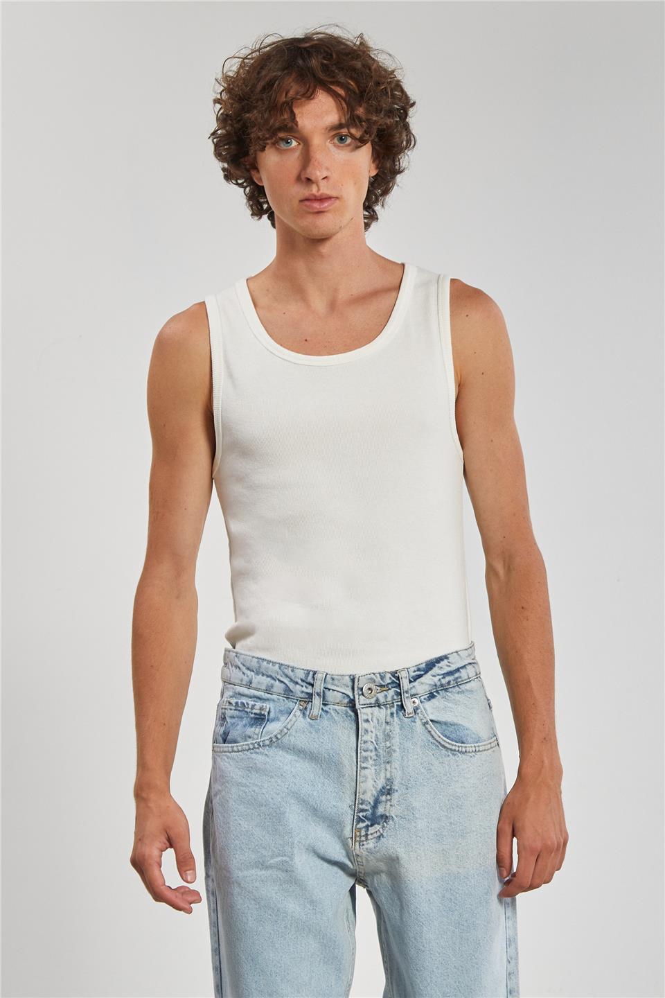 Bisiklet Yaka Erkek Atlet - Beyaz