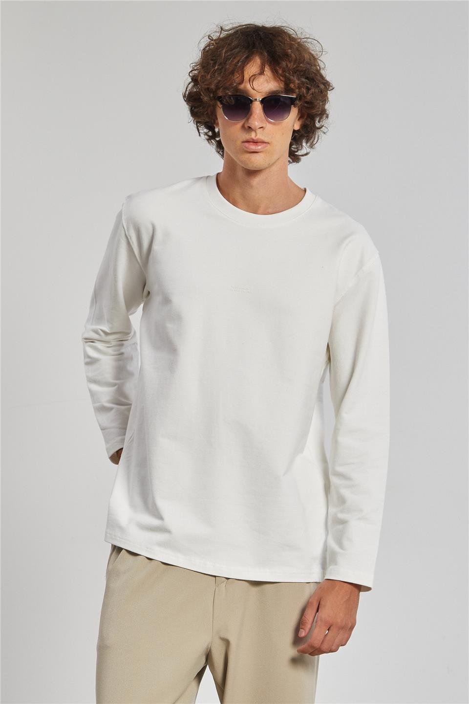 Bisiklet Yaka Erkek Sweat - Ekru