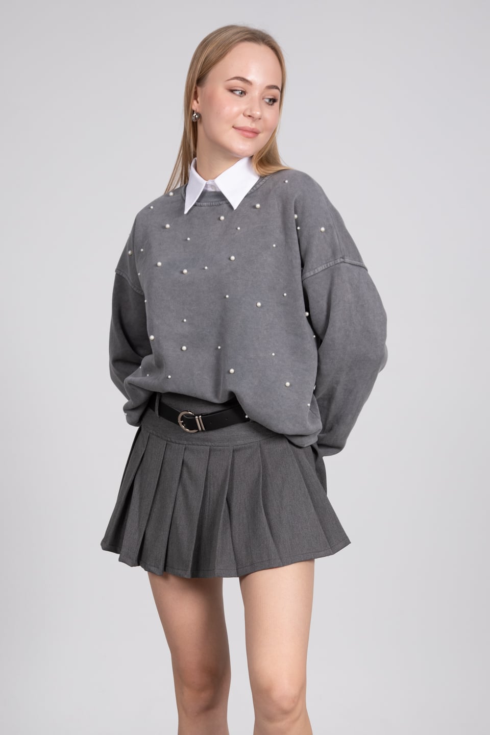 Bisiklet yaka inci detaylı sweatshirt-82176 Gri Y.