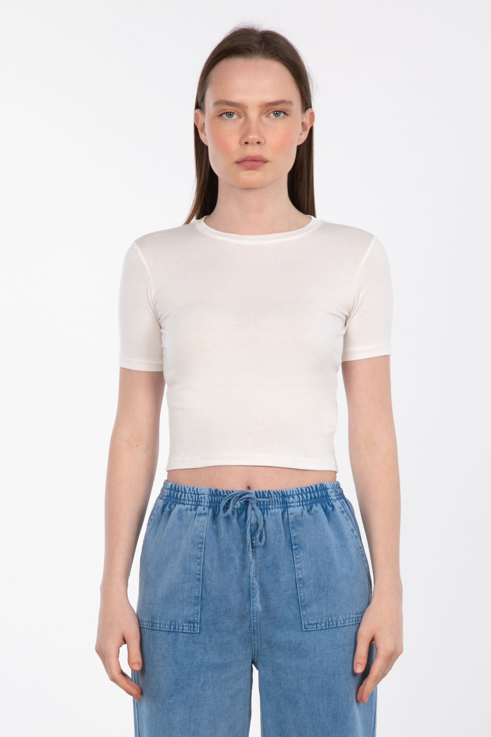 Bisiklet yaka kısa t-shirt-DVN0543 Ekru
