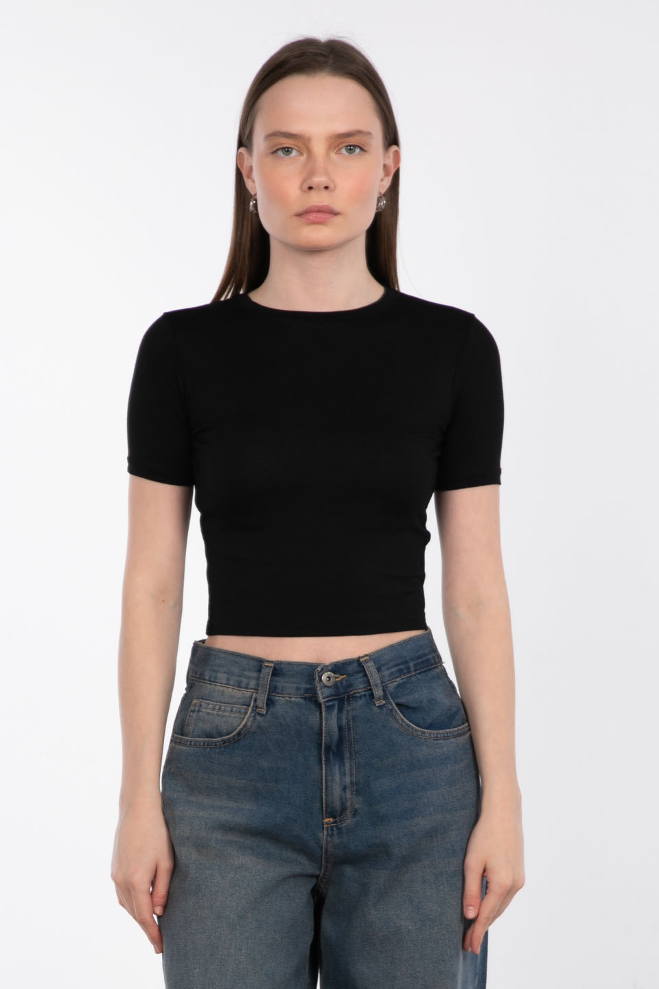 Bisiklet yaka kısa t-shirt-DVN0543 Siyah