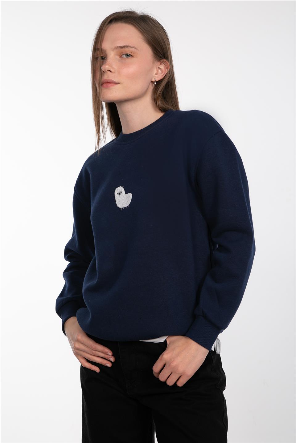 Bisiklet yaka lama detaylı sweatshirt-83-551 Lacivert
