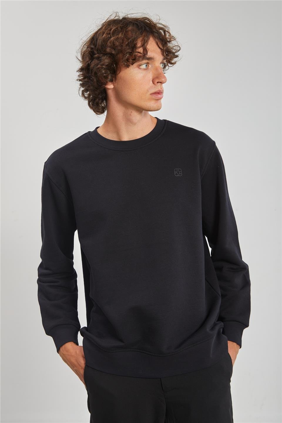 Bisiklet Yaka Logolu Erkek Sweatshirt - Siyah