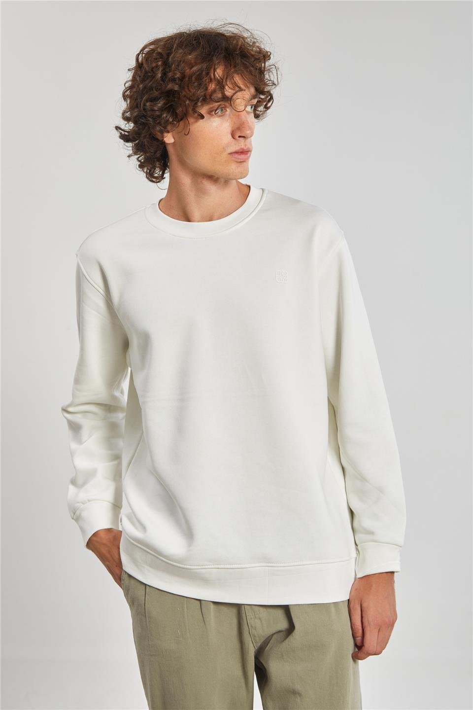 Bisiklet Yaka Logolu Erkek Sweatshirt - Ekru