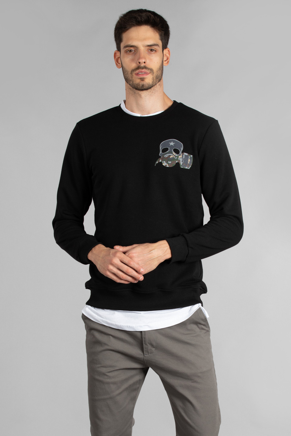 Bisiklet yaka maske baskılı sweatshirt-5150 Siyah