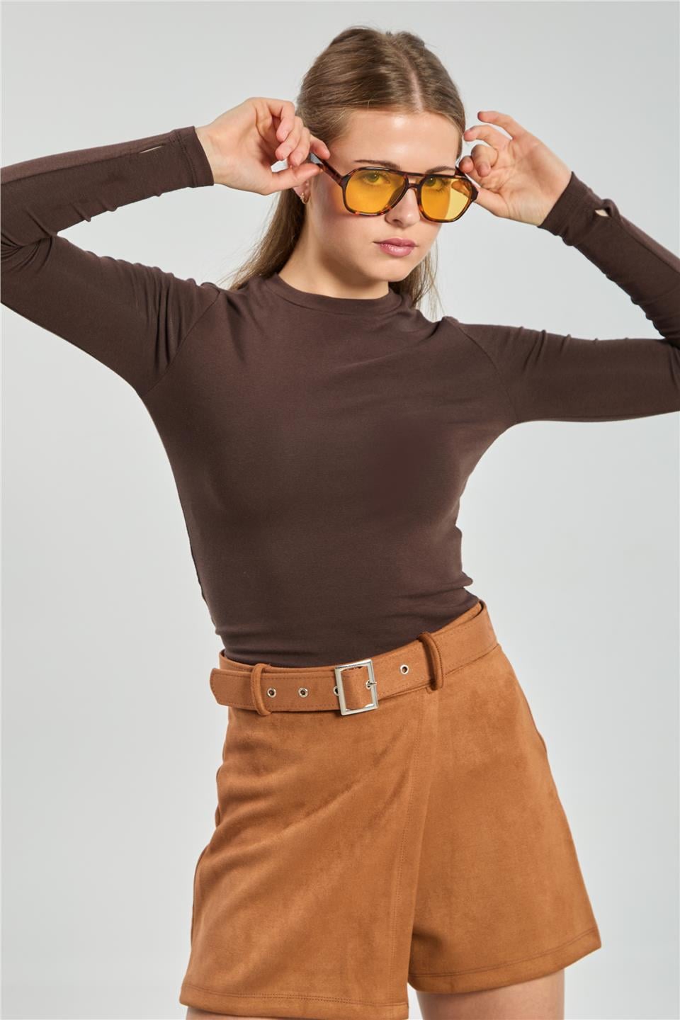 Bisiklet yaka parmak geçmeli uzun kol body-4420 Acı Kahve