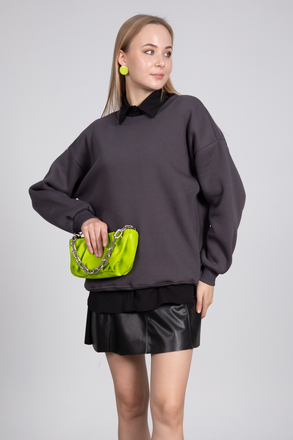 Bisiklet yaka ribanalı sweatshirt-DVN0465 B.Antrasit