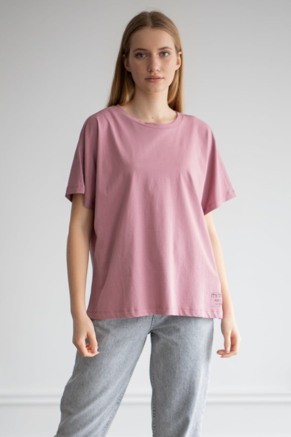 Bisiklet yaka salaş t-shirt-22F-132 Gül Kurusu
