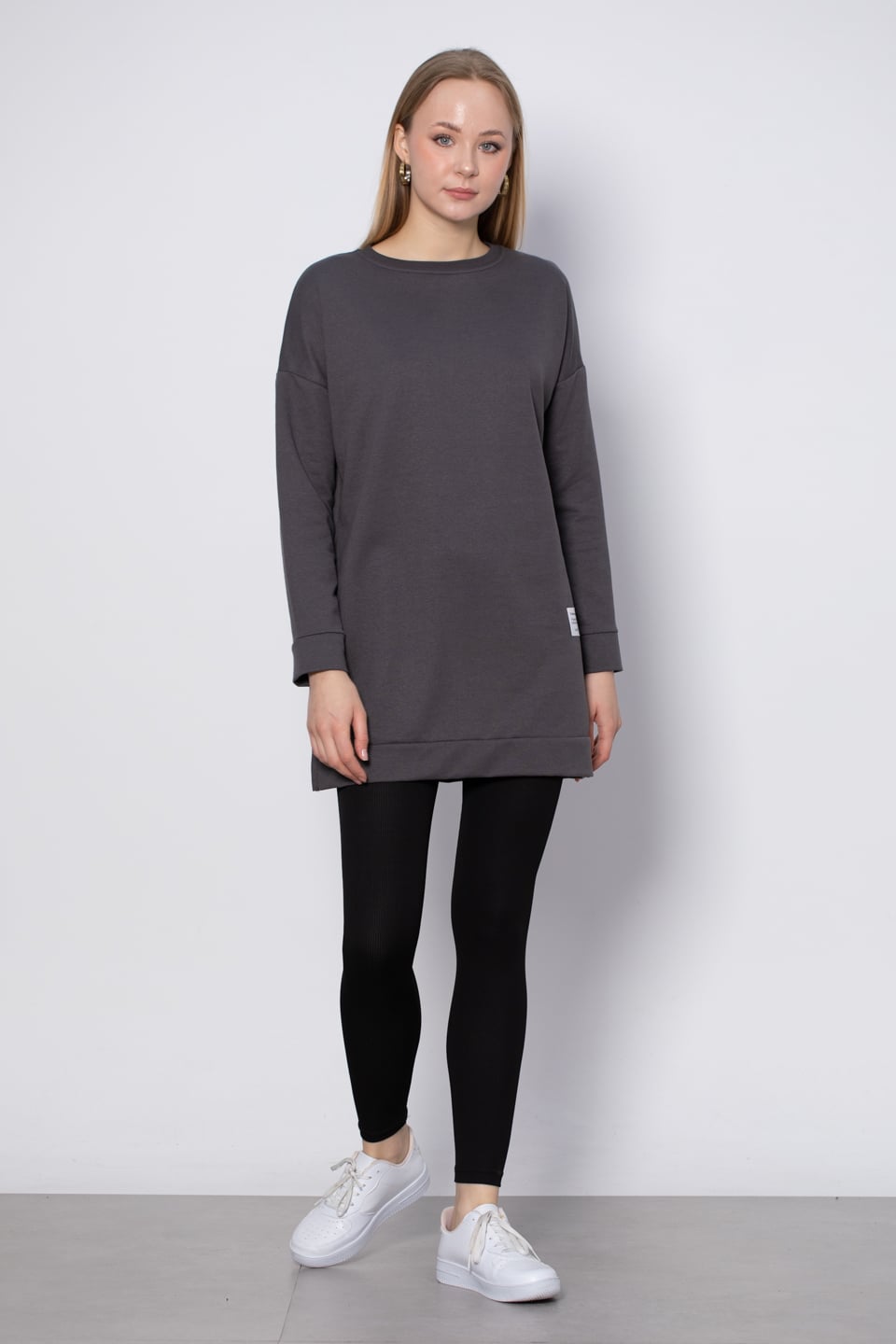 Bisiklet yaka sweatshirt-DVN0148 Antrasit