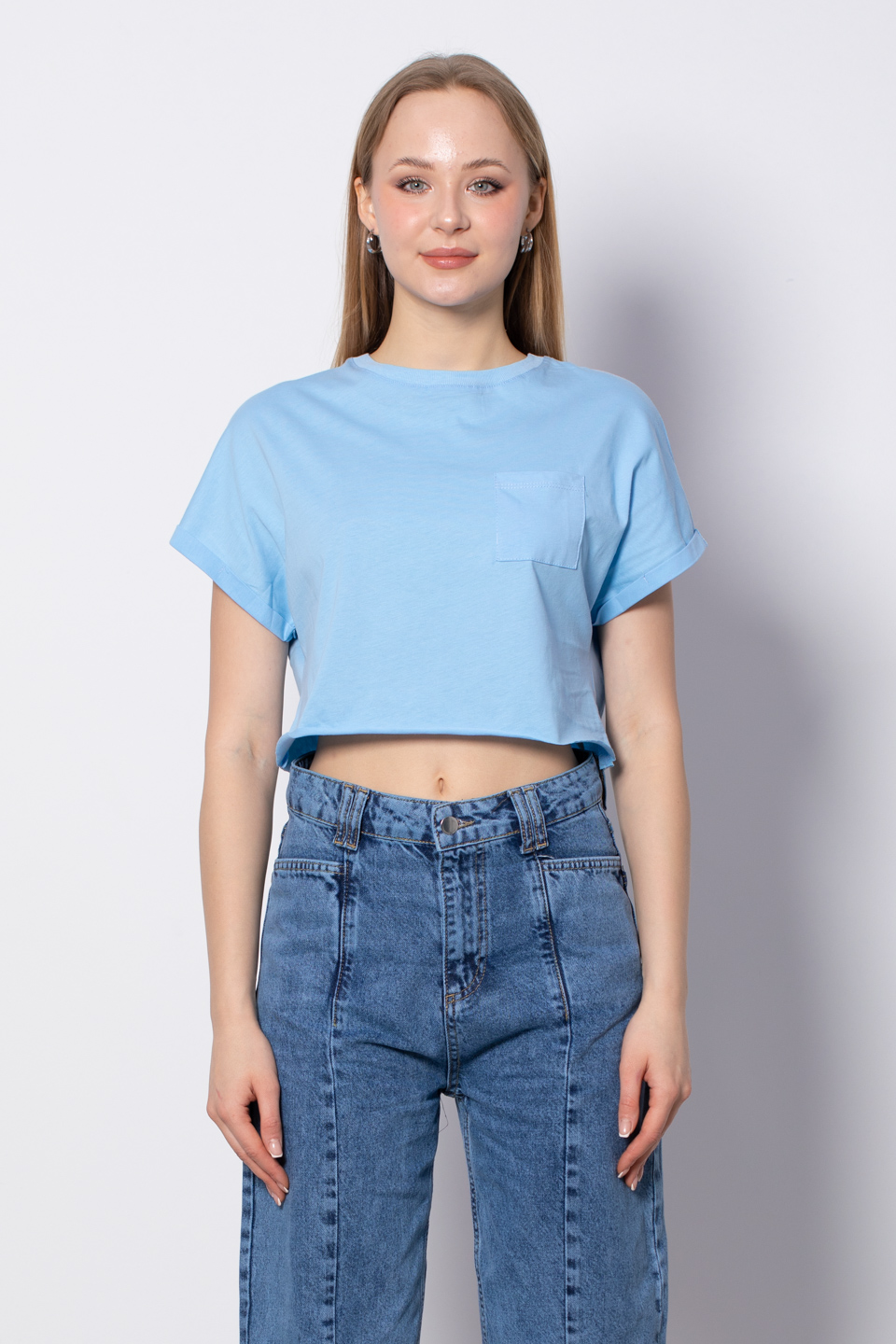 Bisiklet Yaka Tek Cepli T-Shirt - Buz Mavisi