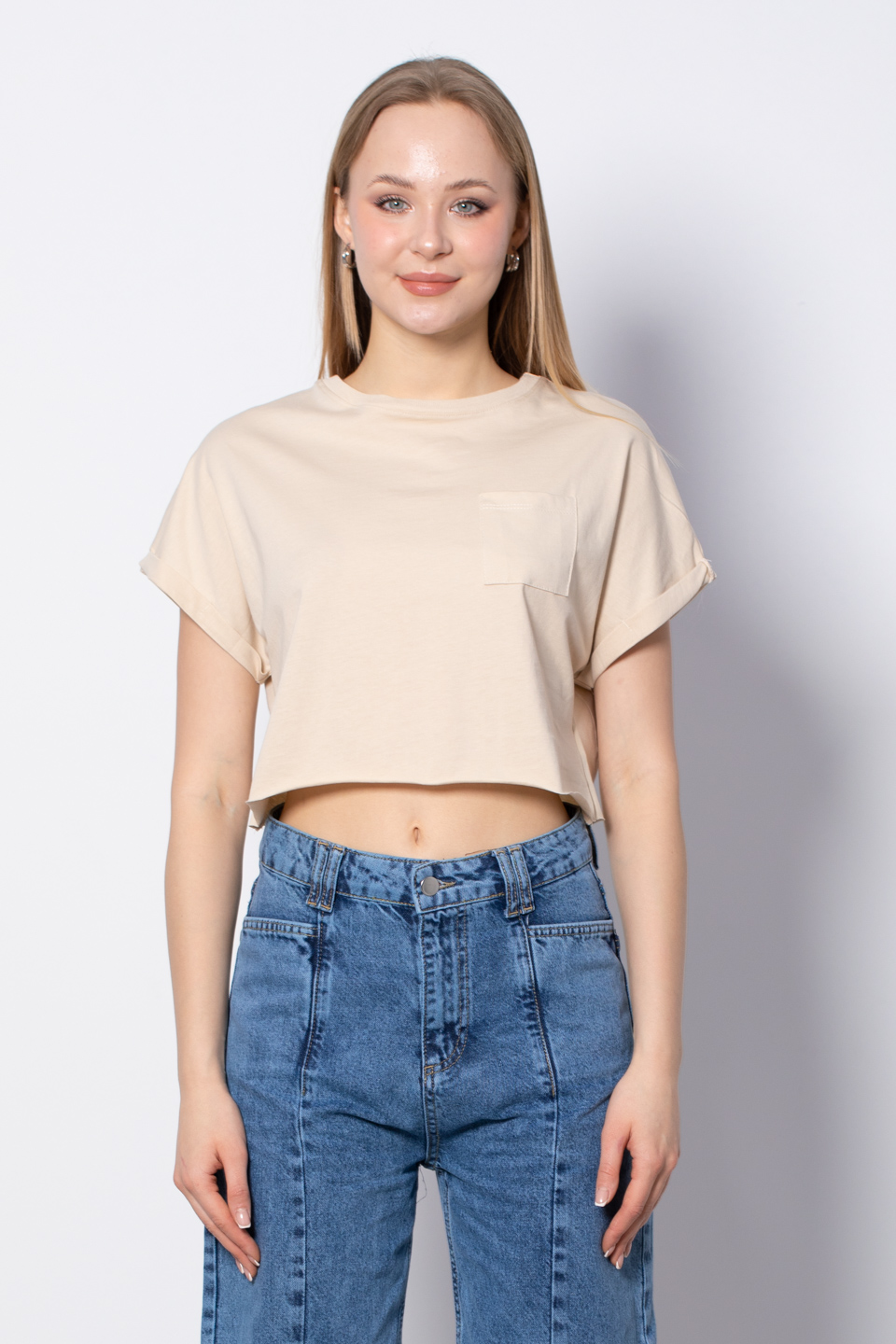 Bisiklet Yaka Tek Cepli T-Shirt - Taş