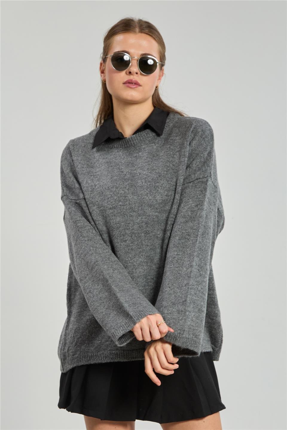 Bisiklet yaka triko kazak-4091 Orta Gri