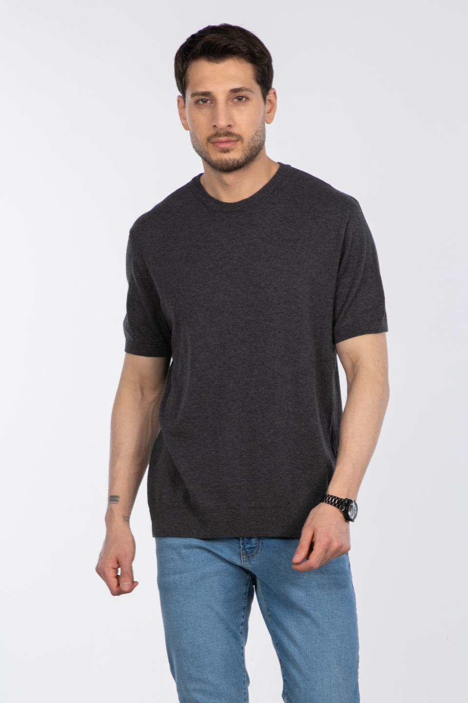 Bisiklet yaka triko t-shirt-NSR04 Antrasit