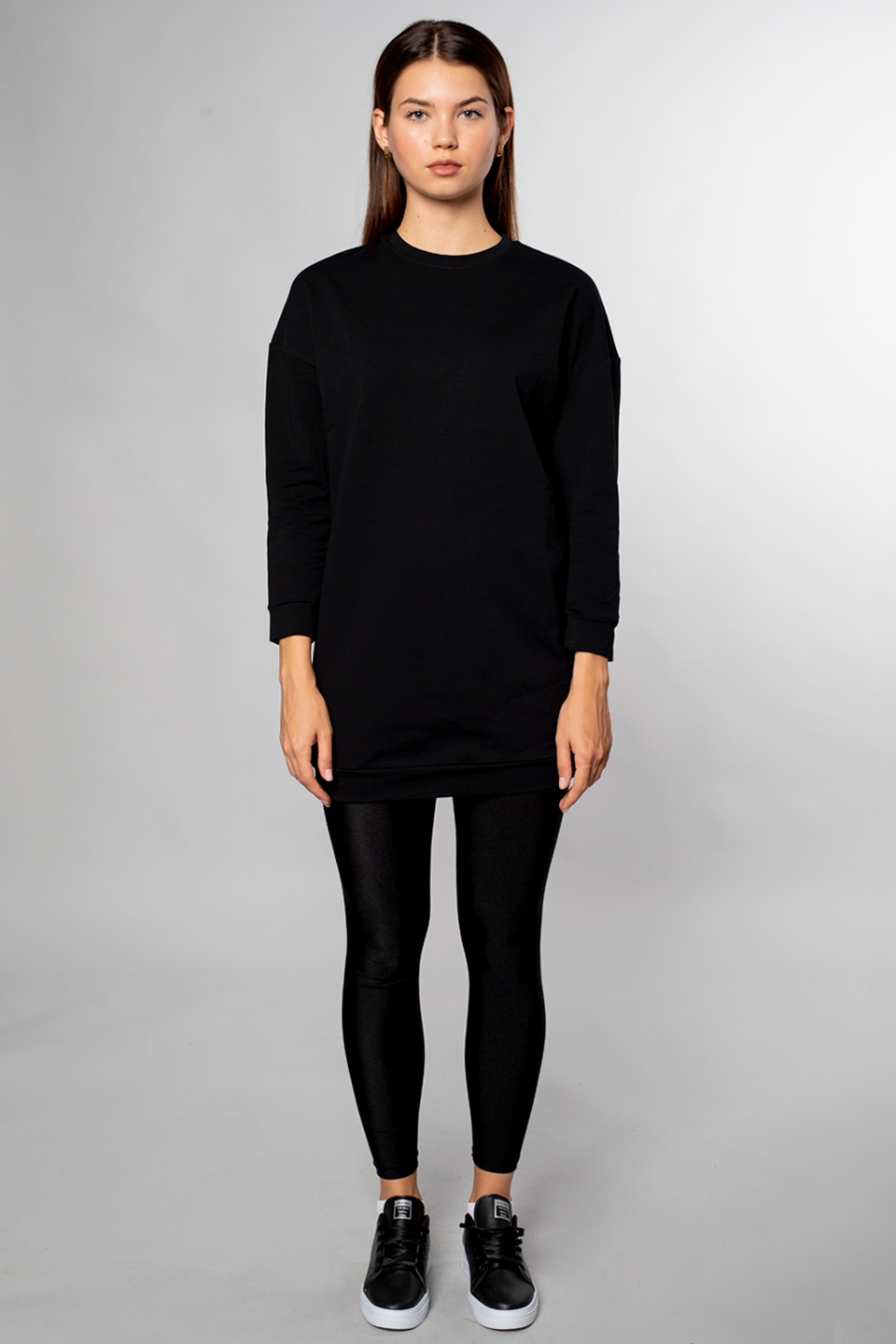 Bisiklet Yaka Tunik Sweatshirt-Siyah