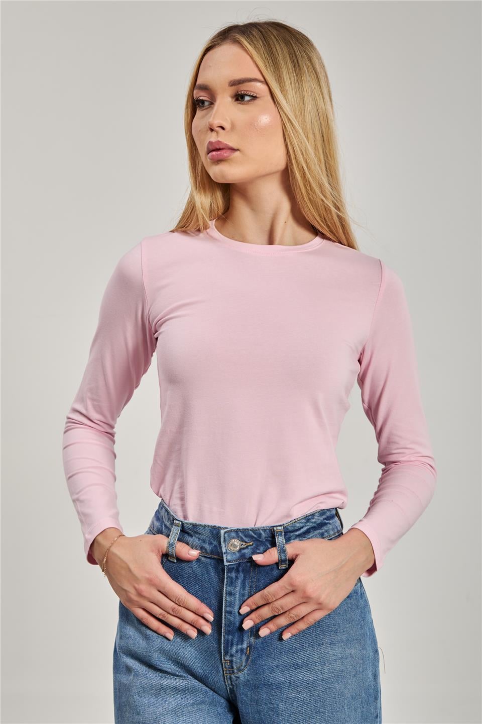 Bisiklet yaka uzun kollu body-150 Pembe