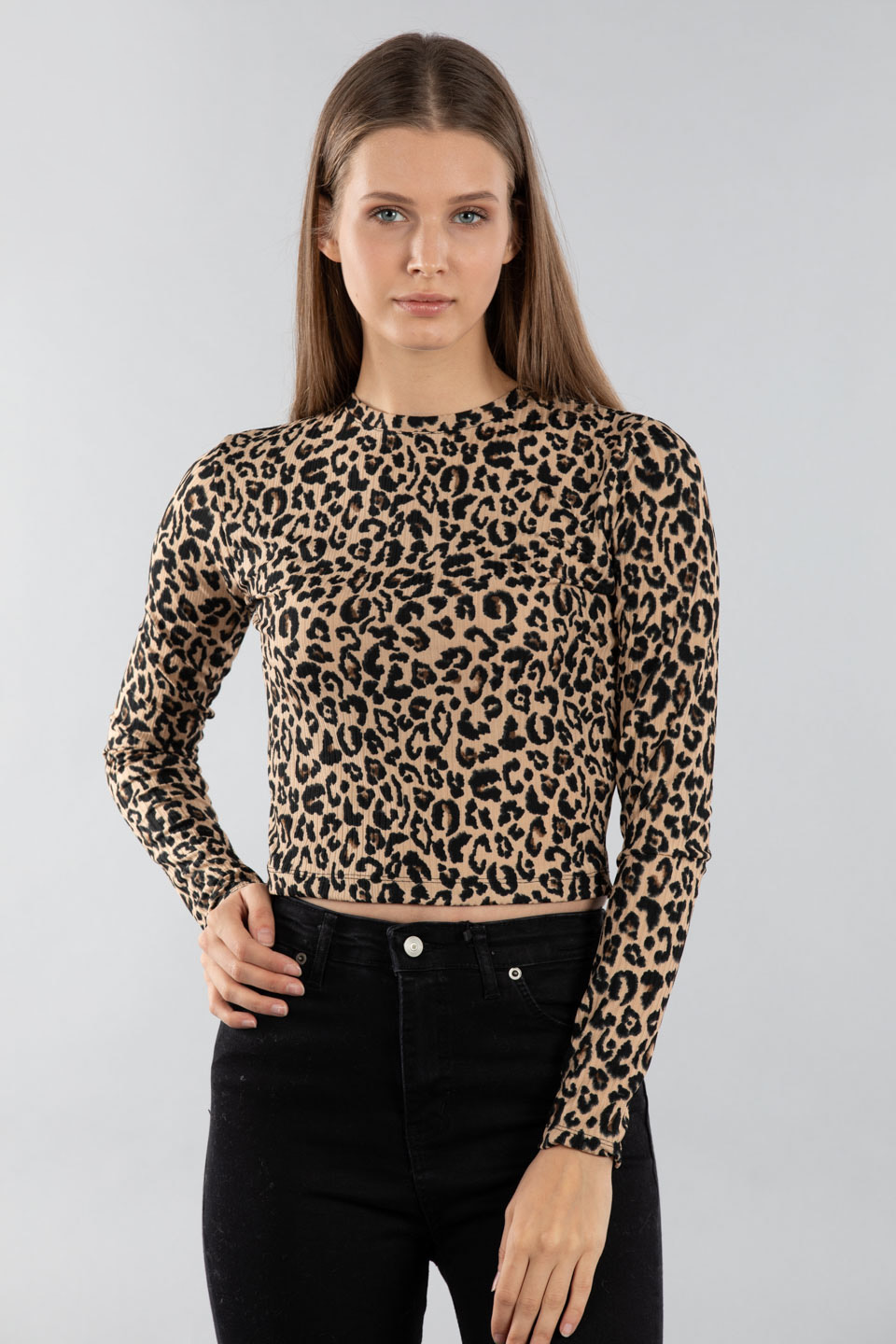 Bisiklet yaka uzun kollu body-7316 Leopar