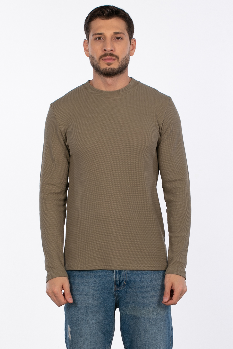 Bisiklet yaka waffal sweat-5073-2 Vizon Yeşili