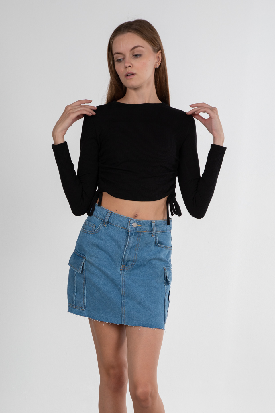 Bisiklet yaka yanları büzgülü body-5484 Siyah