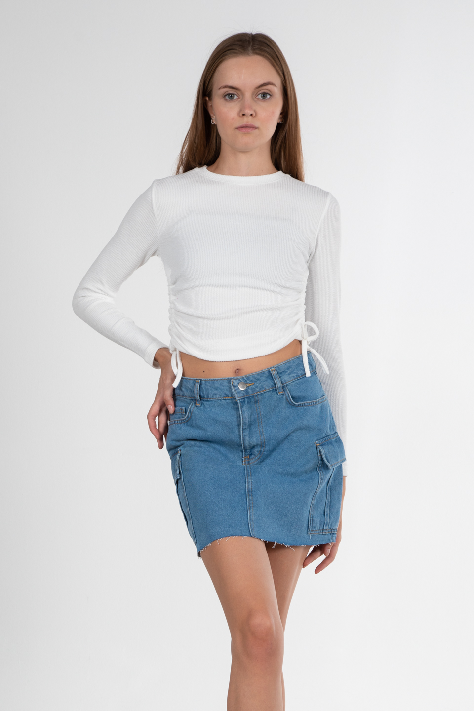 Bisiklet yaka yanları büzgülü body-5484 Beyaz
