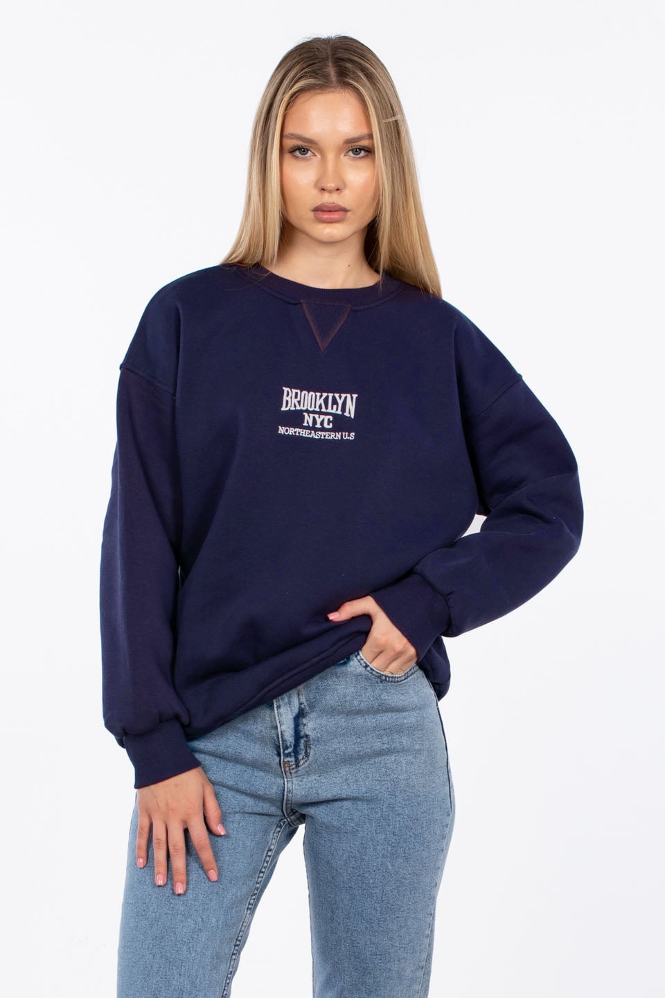 Bisiklet Yaka Yazı Nakışlı Sweatshirt - Lacivert