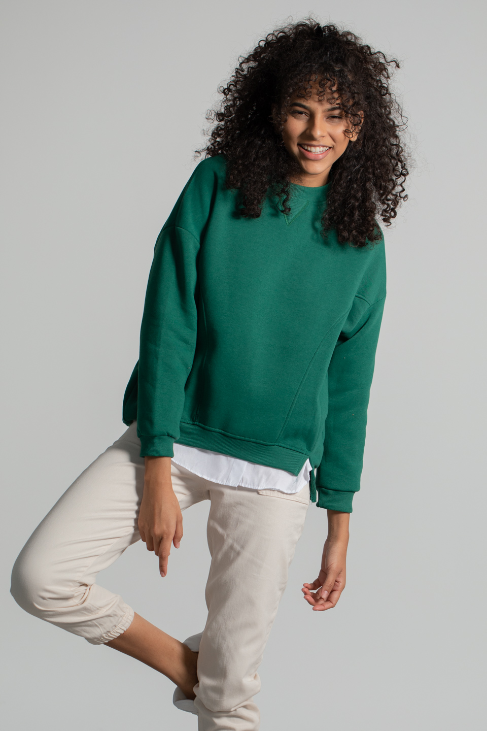Bisiklet Yaka Yırtmaç Detay Sweatshirt - Yeşil
