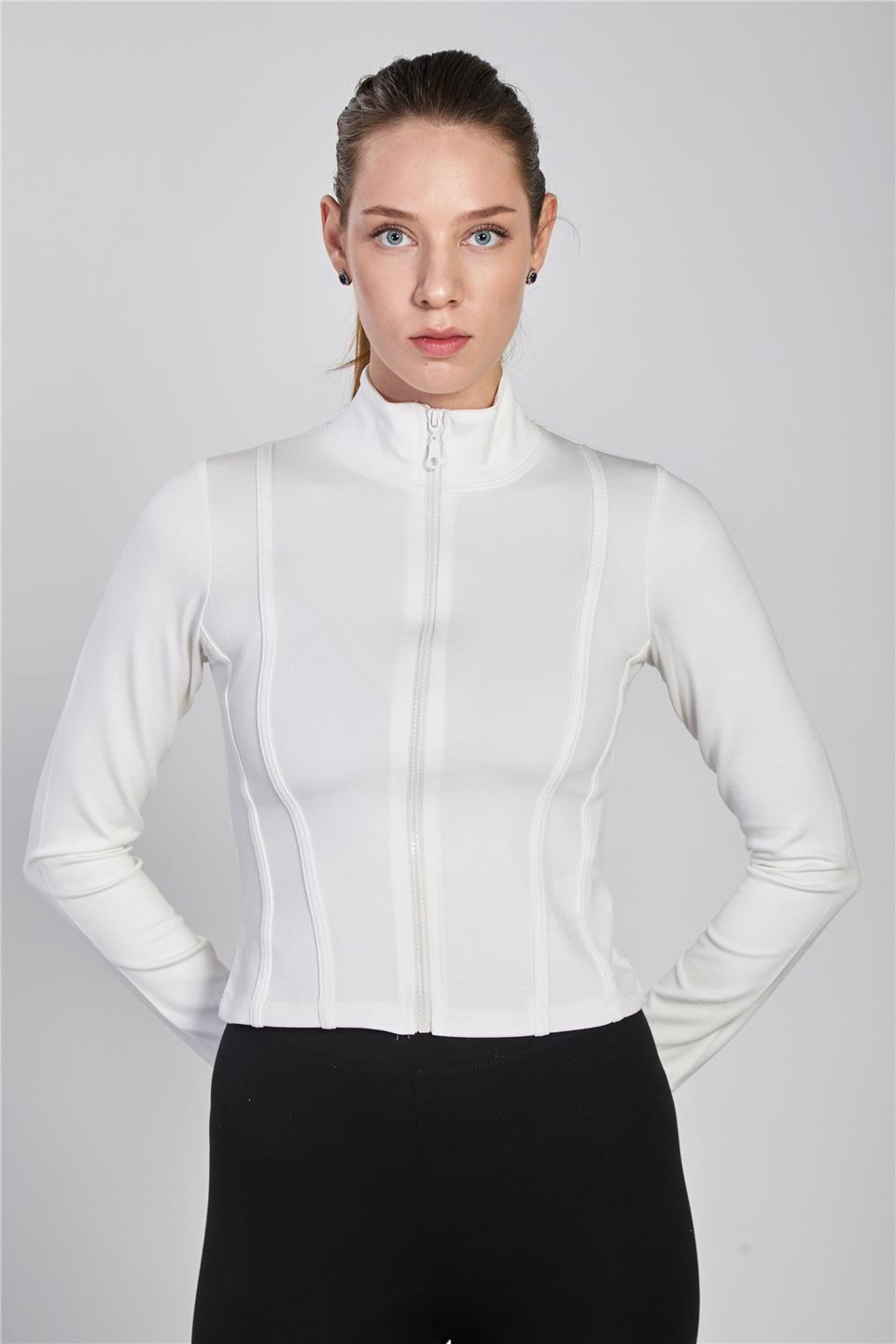 Biyeli fermuarlı uzun kol body-2557 Beyaz