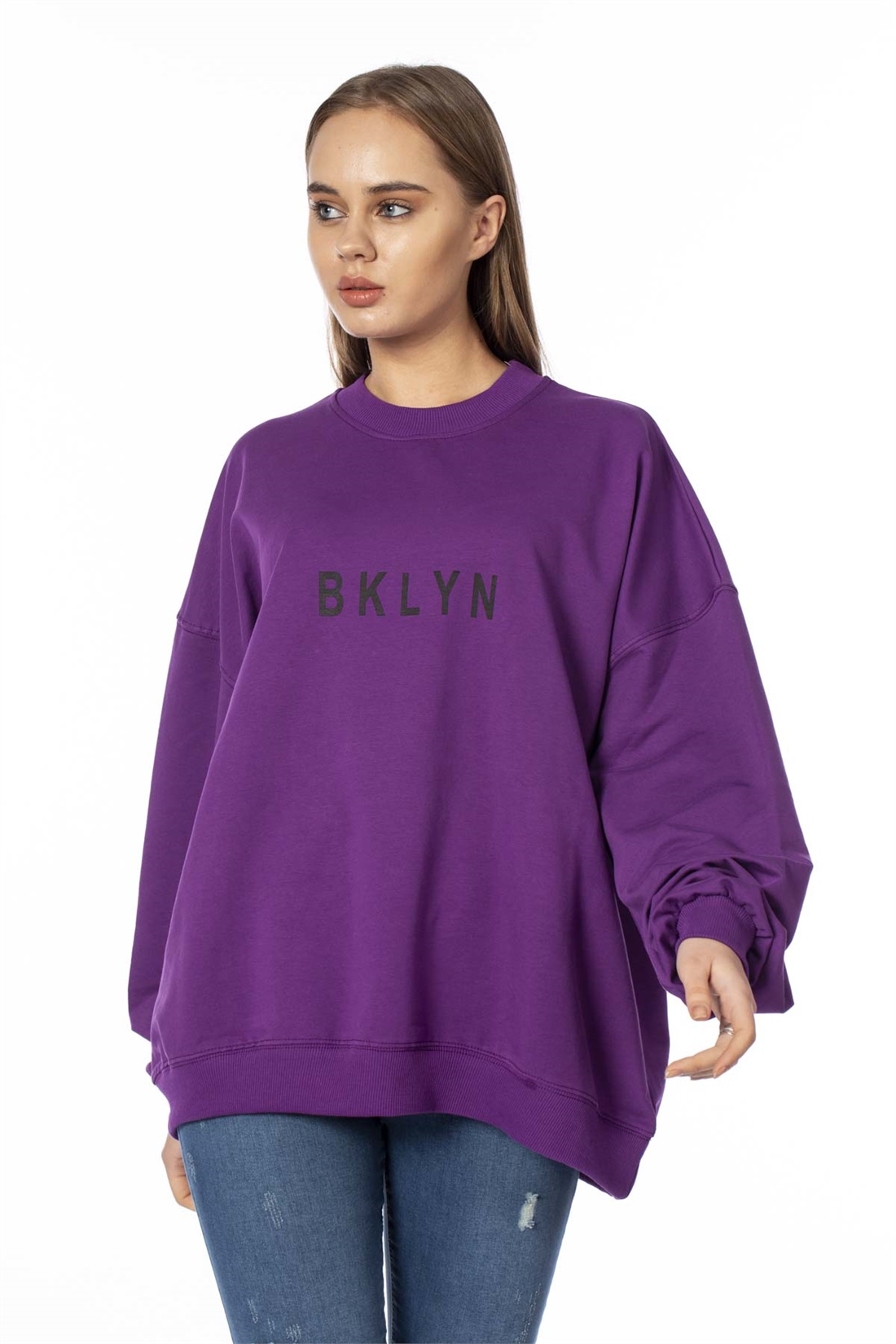 Bklyn Baskılı Salaş Sweatshirt-Mor
