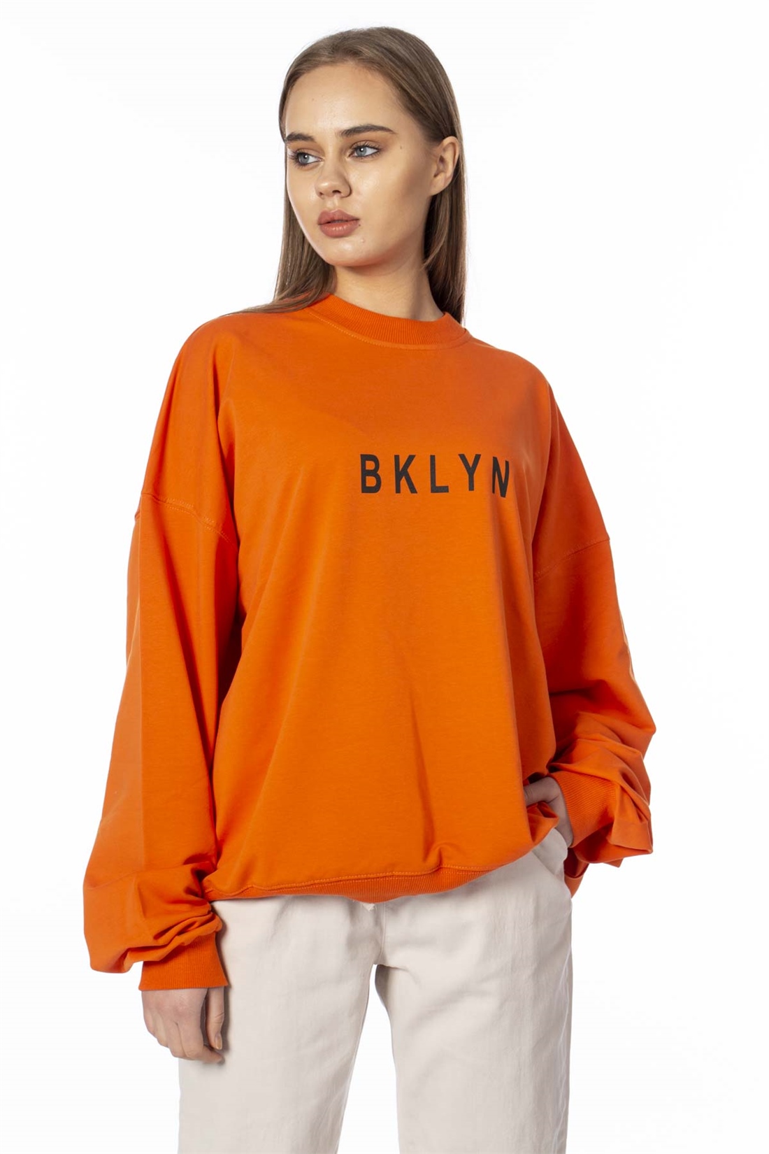 Bklyn Baskılı Salaş Sweatshirt-Oranj