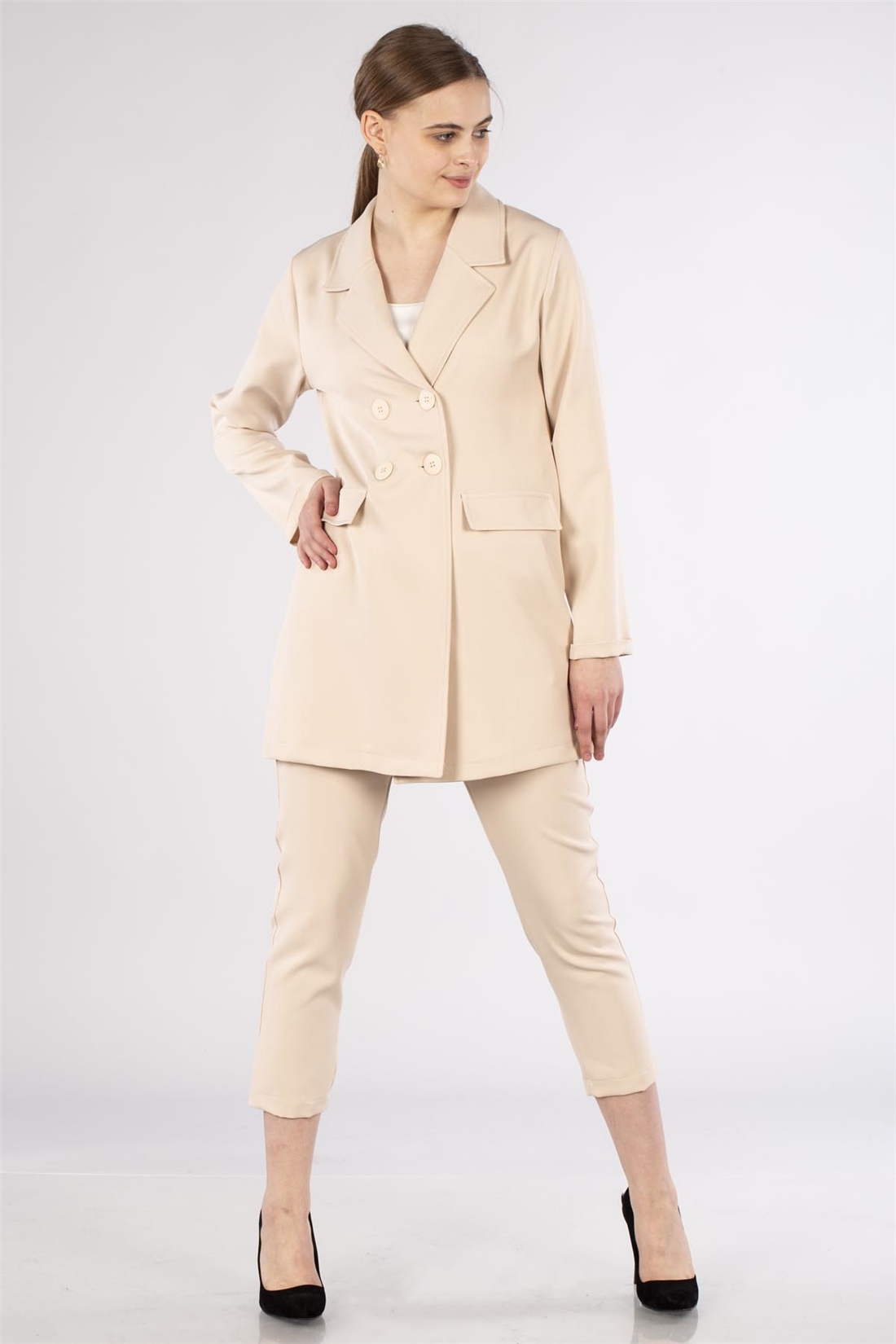 Blazer Ceketli Takım-Bej