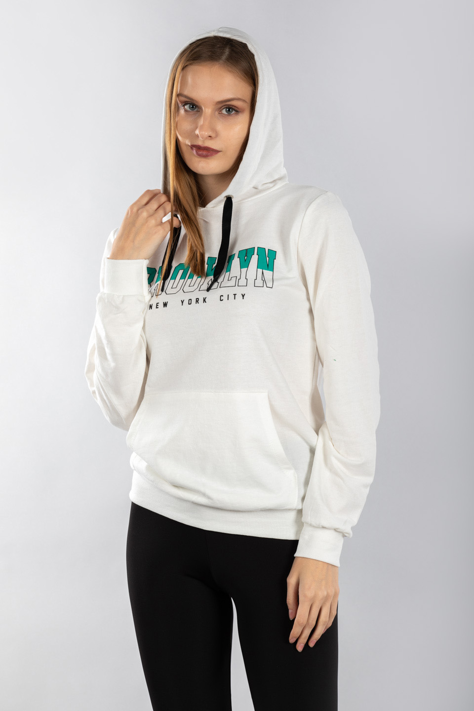 Brooklyn baskılı kapüşonlu sweatshirt-21511-3 Ekru