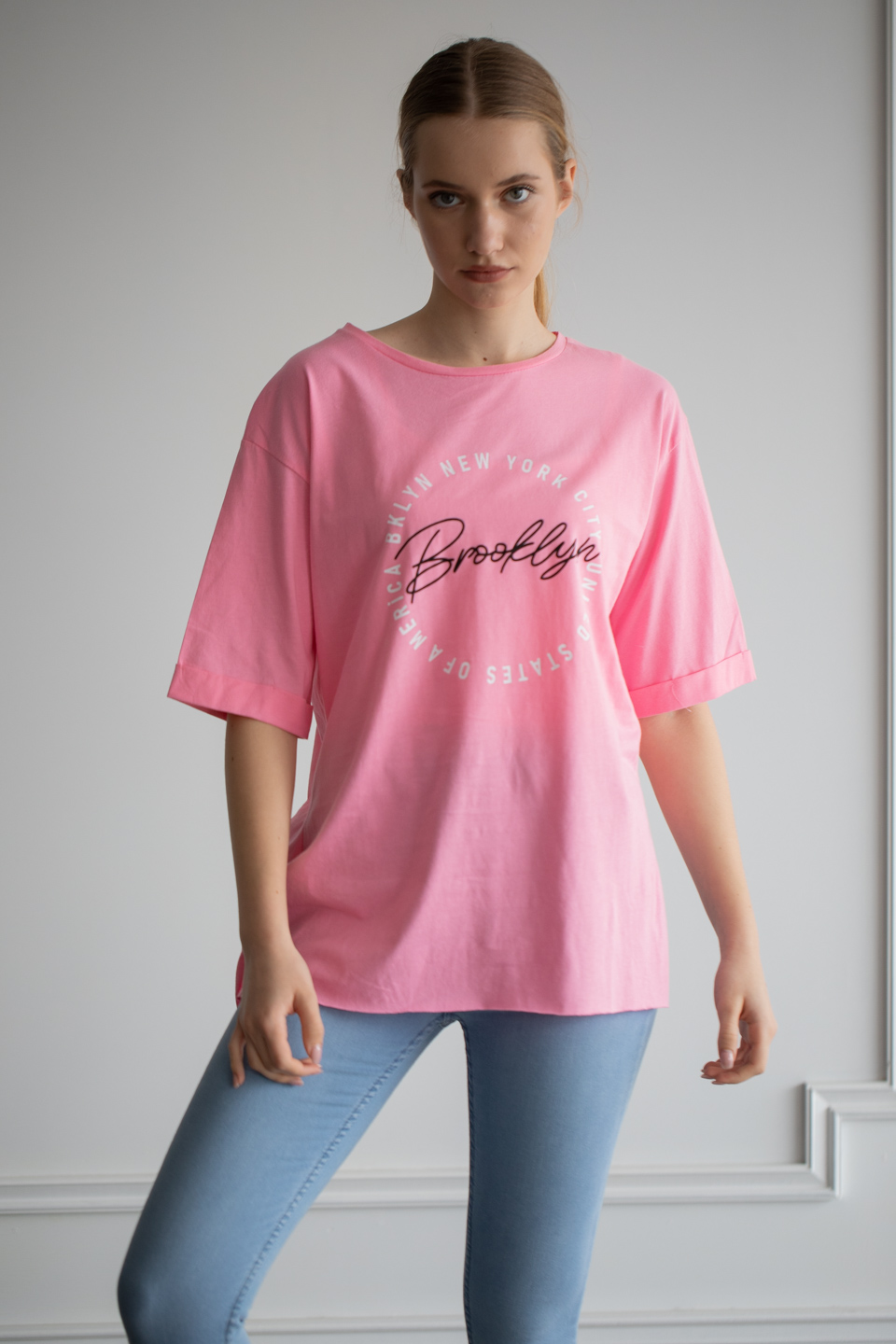 Brooklyn baskılı yandan yırtmaçlı t-shirt-6265 Pembe