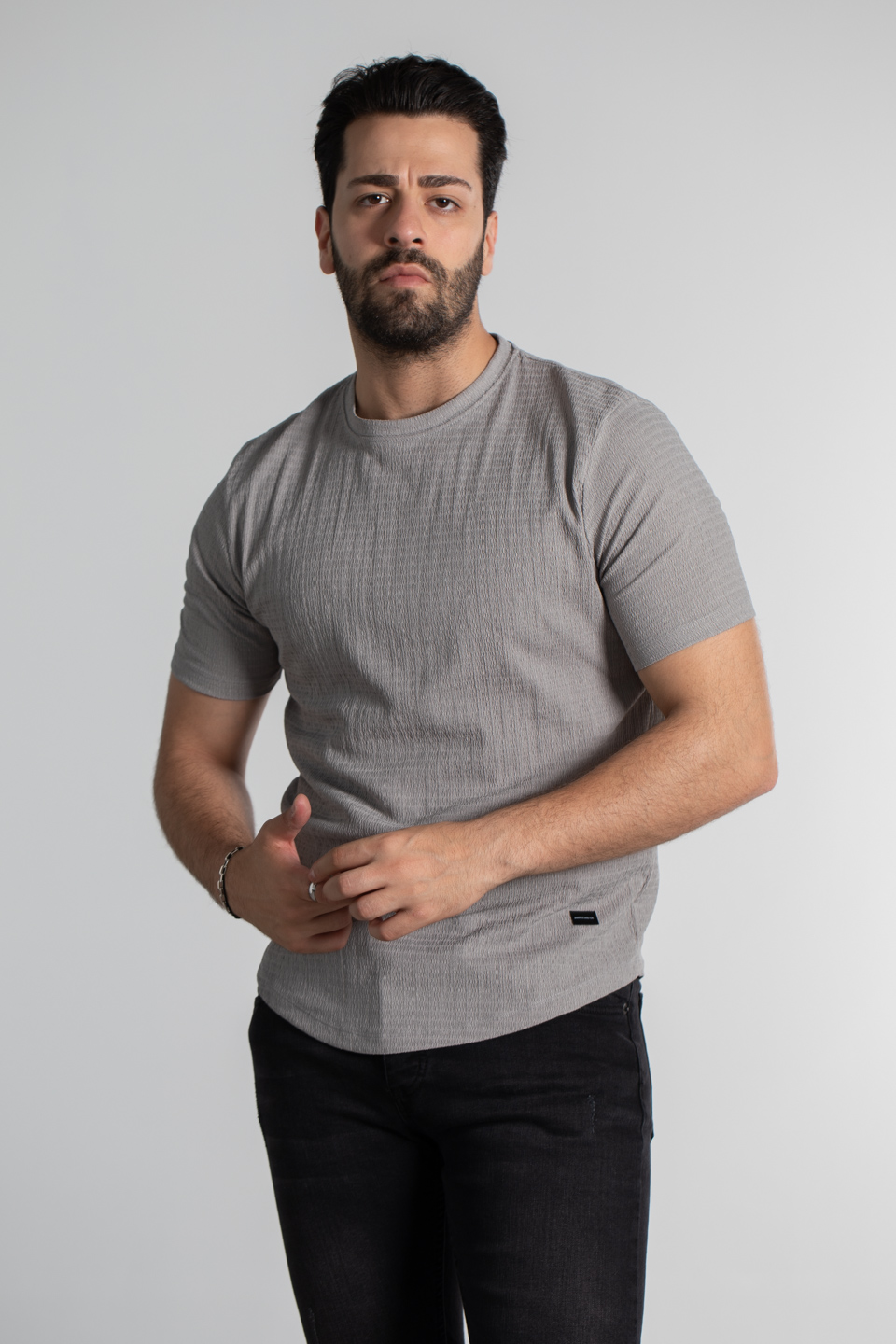 Bürümcük kumaş bisiklet yaka t-shırt-8021 Taş