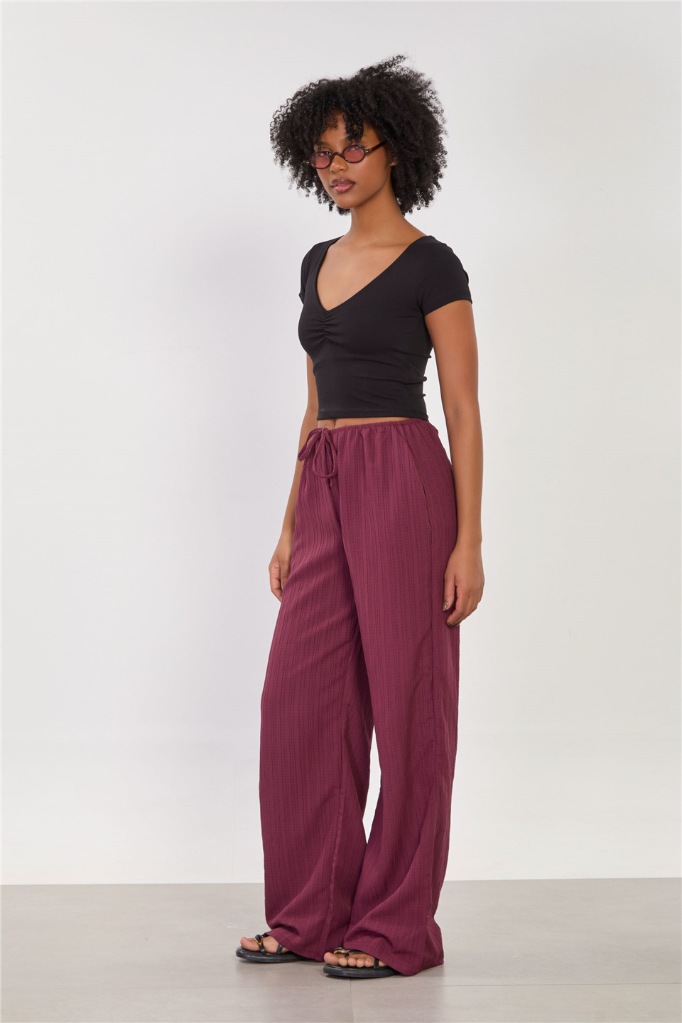 Kadın Beli Lastikli Kırınkıl Bol Pantolon - Vişne
