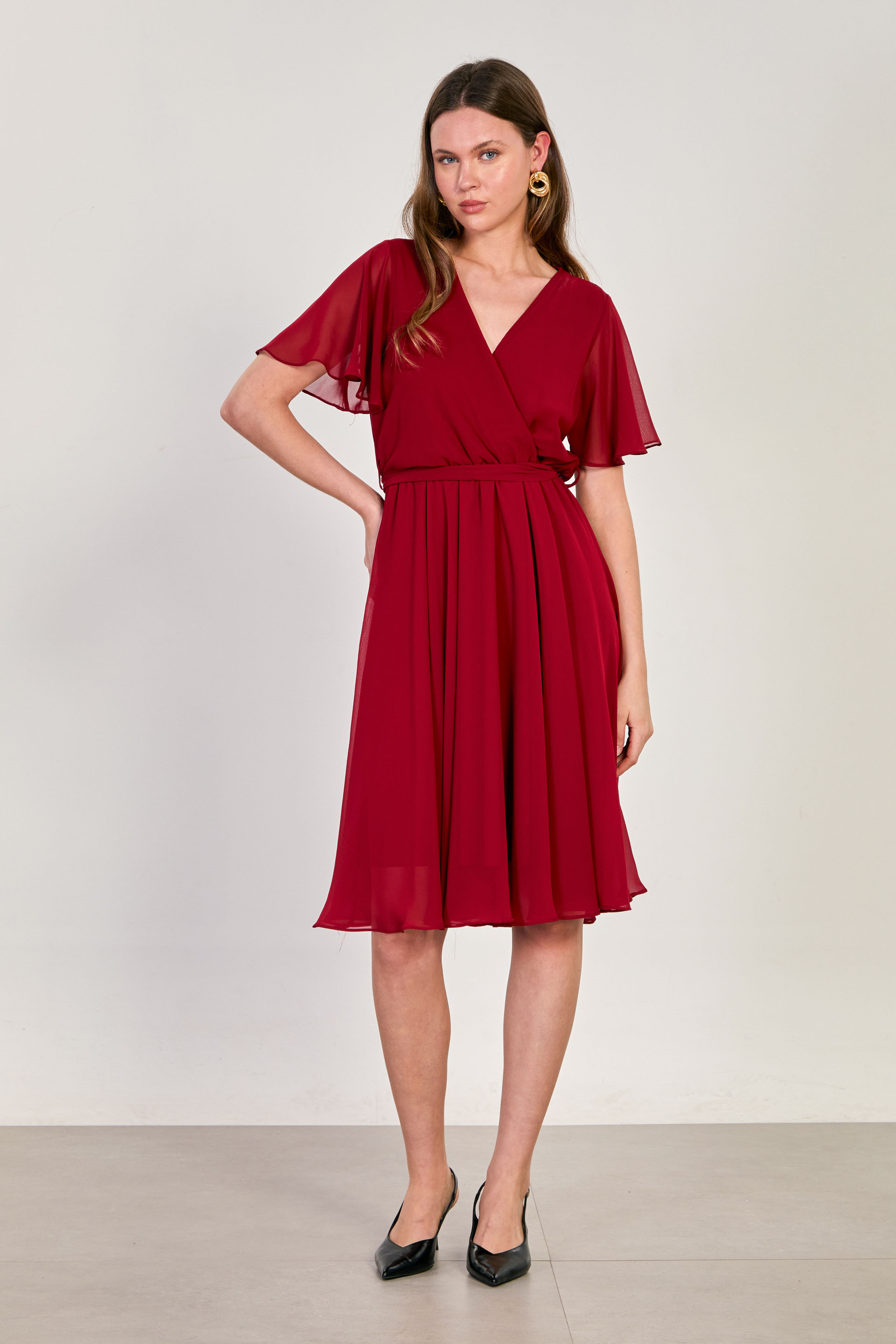 Kadın Kruvaze Yaka Kuşaklı Elbise - Kırmızı