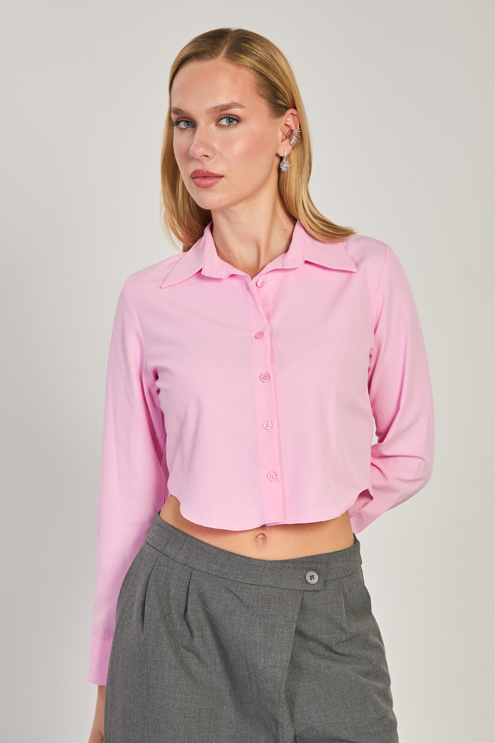 Kadın Uzun Kol Crop Gömlek - Pembe