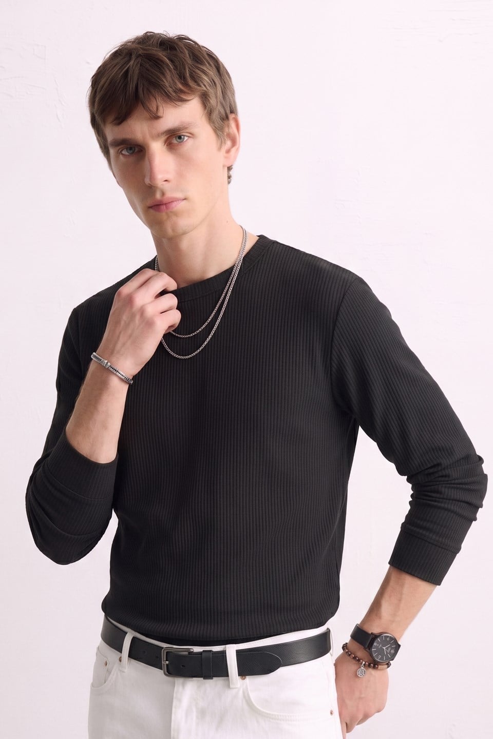Erkek Bisiklet Yaka İnterlok Sweatshirt - Siyah