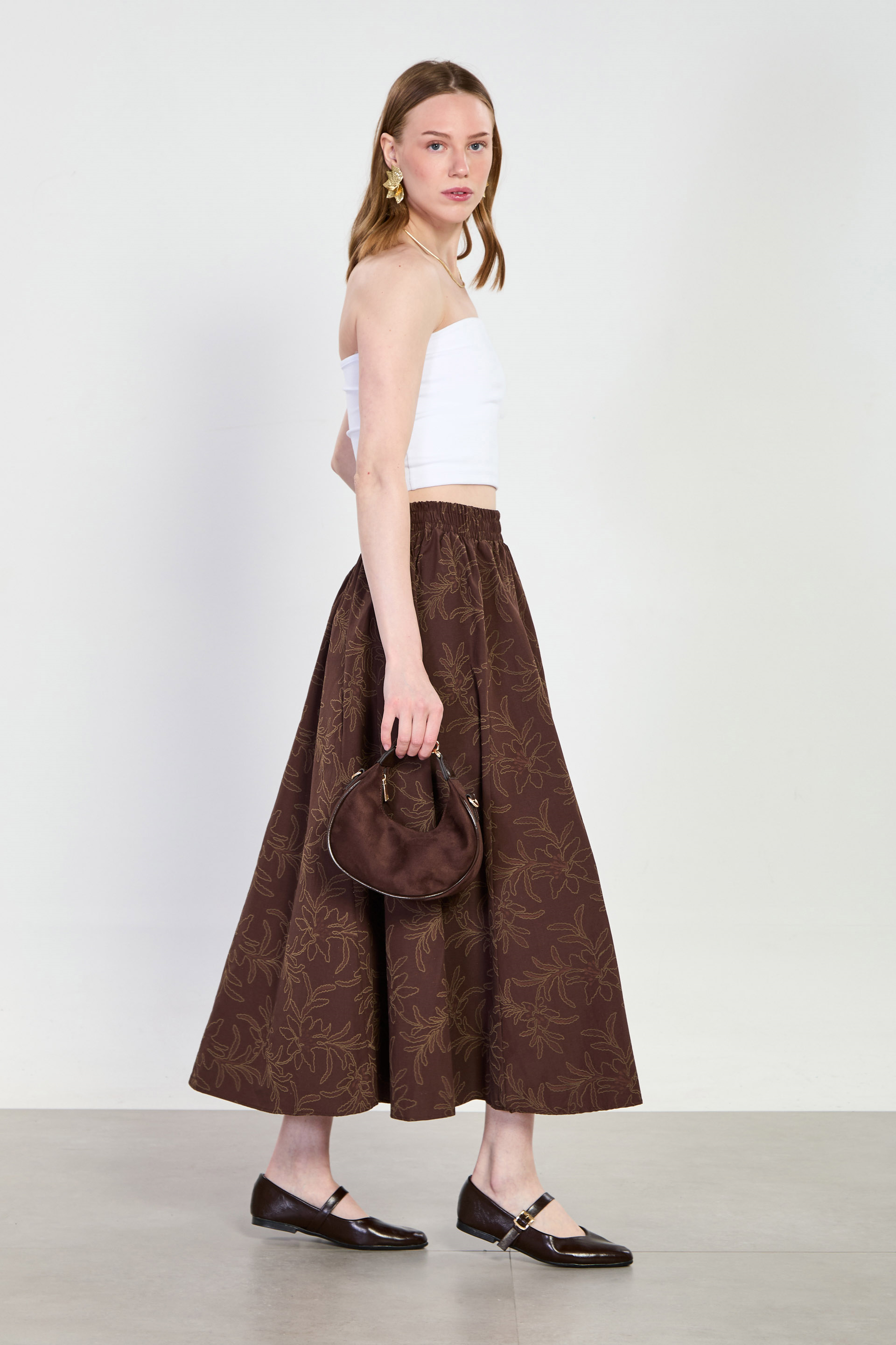 Kadın Çiçek Nakışlı Uzun Vual Etek - Acı Kahve