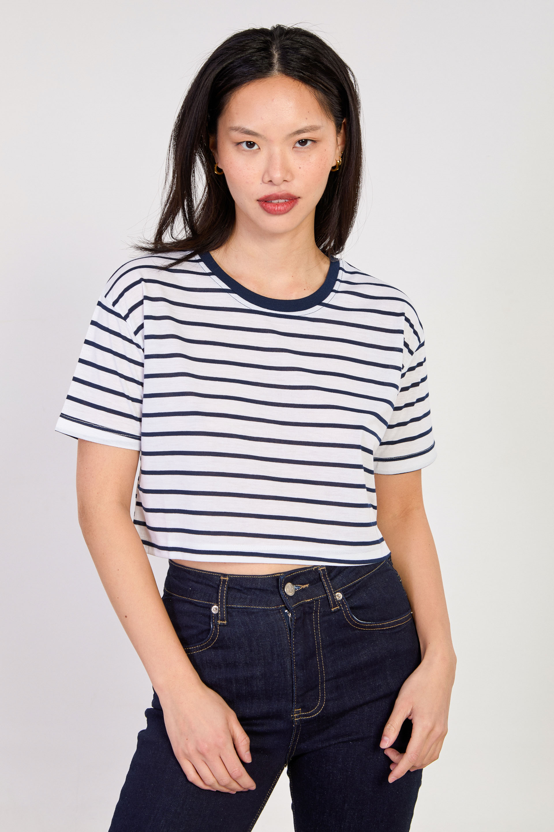 Kadın Bisiklet Yaka Çizgili Crop T-Shirt - Ekru/Lacivert