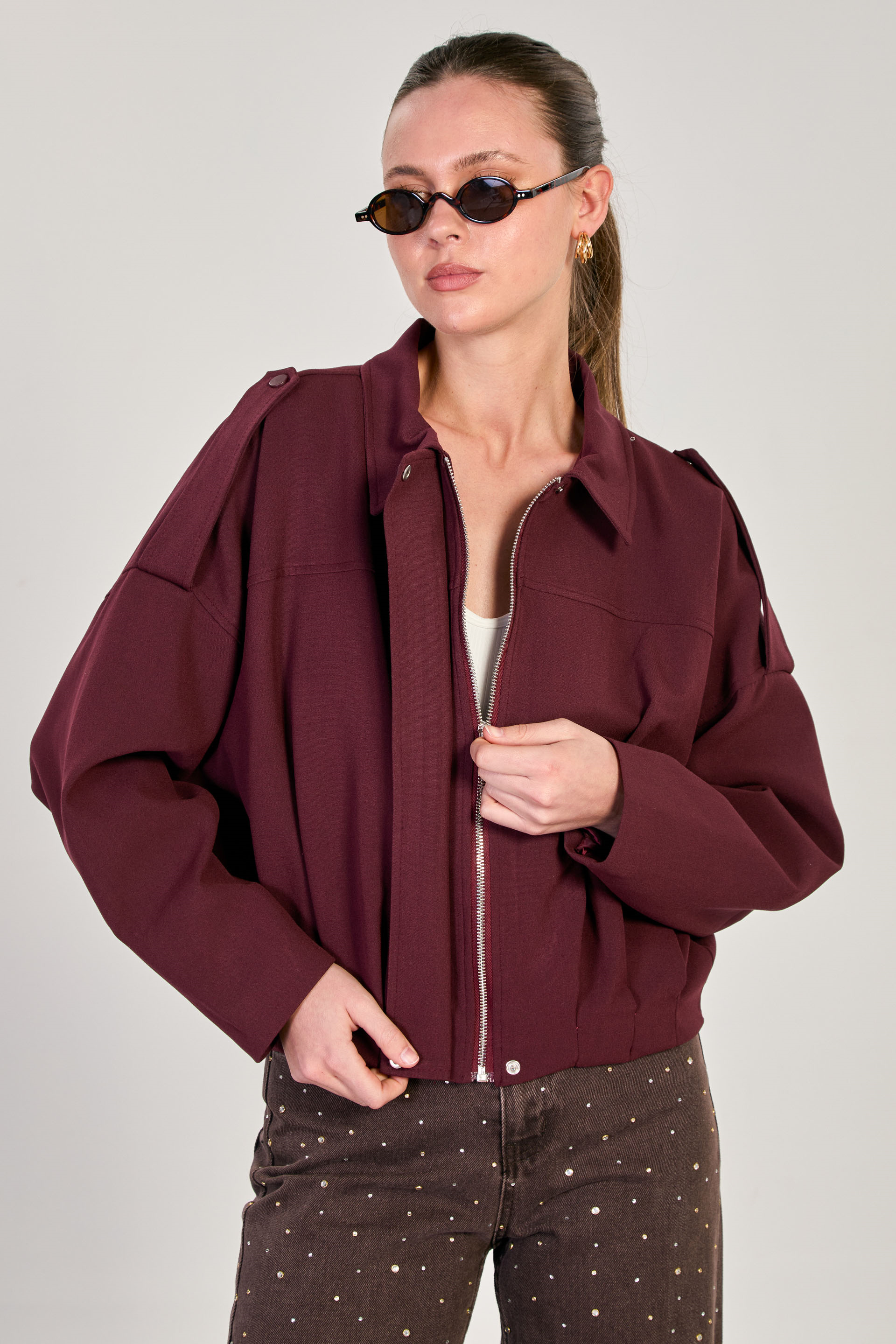 	Kadın Omzu Apolet Detaylı Oversize Ceket - Mürdüm