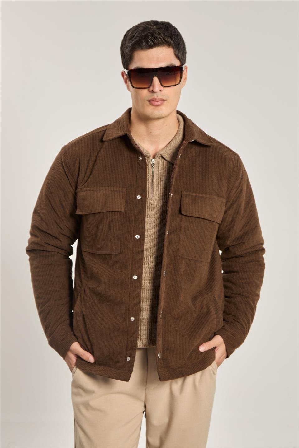 Erkek Kapitone Astarlı Kadife Mont - Acı Kahve