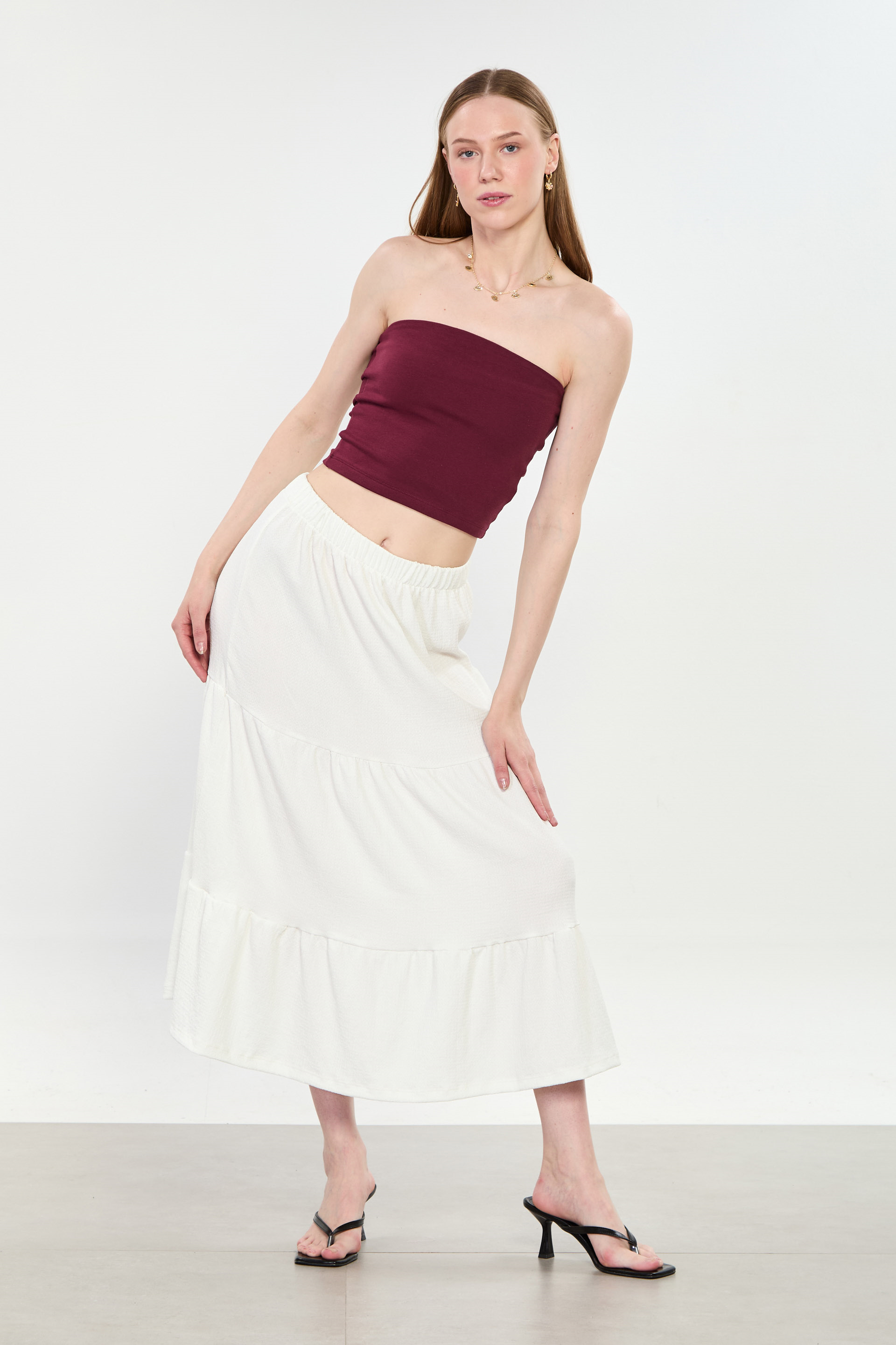 Kadın Parçalı Midi Etek - Ekru