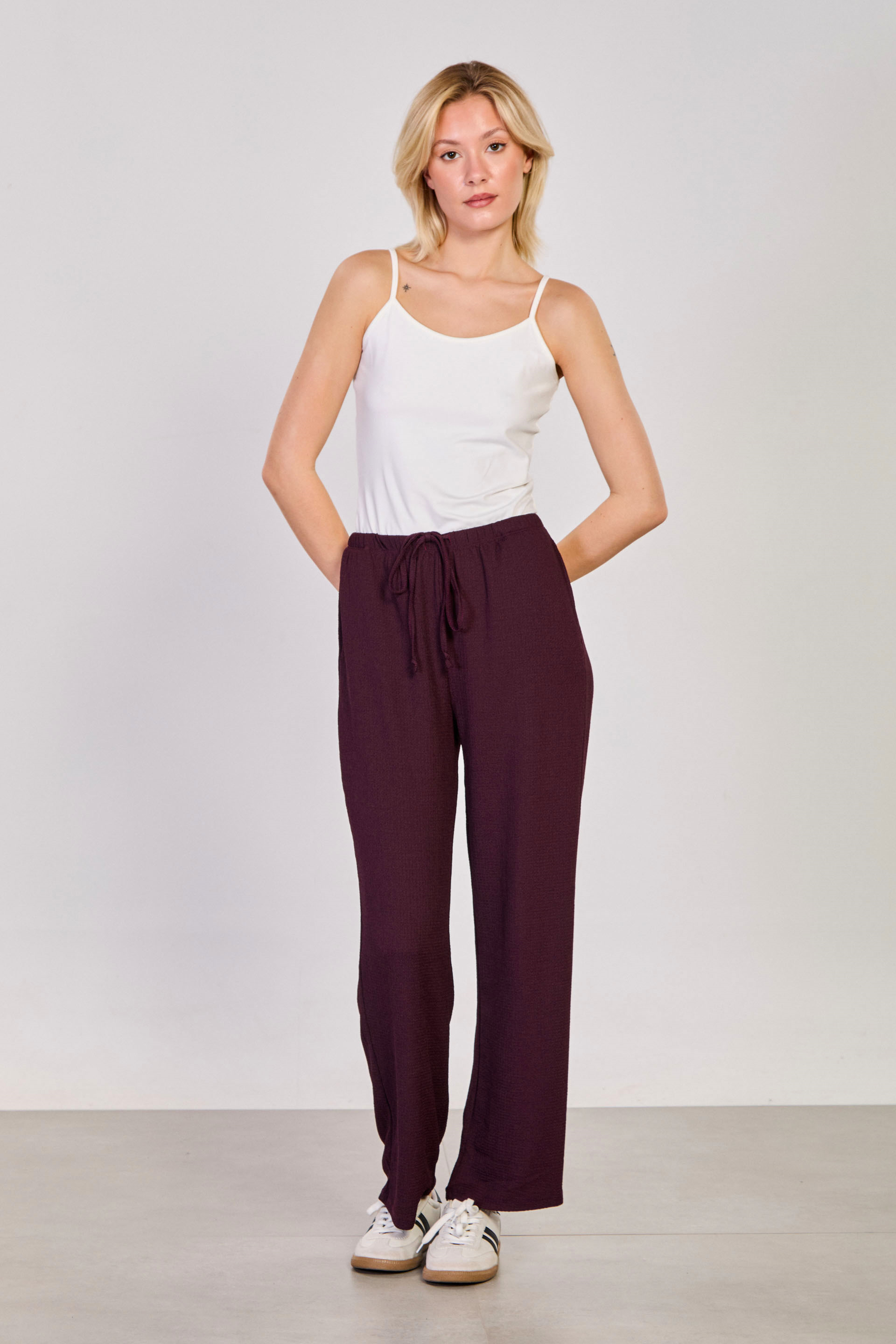 Kadın Beli Lastikli Bol Paça Pantolon - Mürdüm