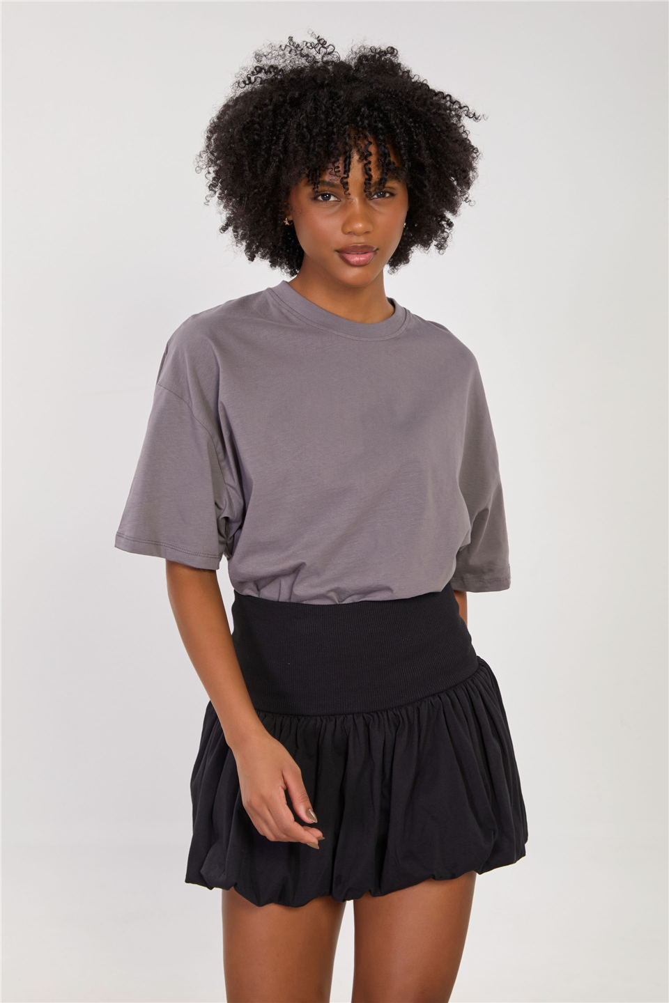 Kadın Bisiklet Yaka Oversize T-Shirt - Koyu Gri