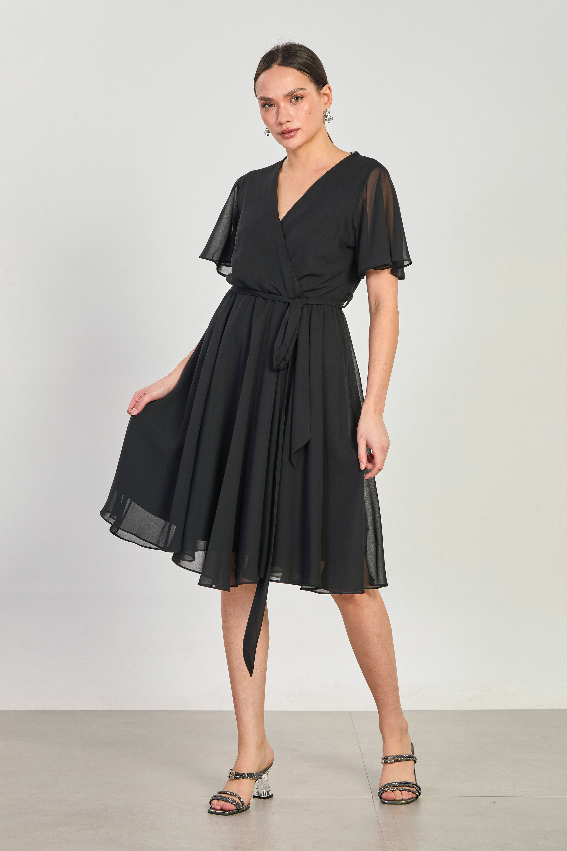 Kadın Kruvaze Yaka Kuşaklı Elbise - Siyah