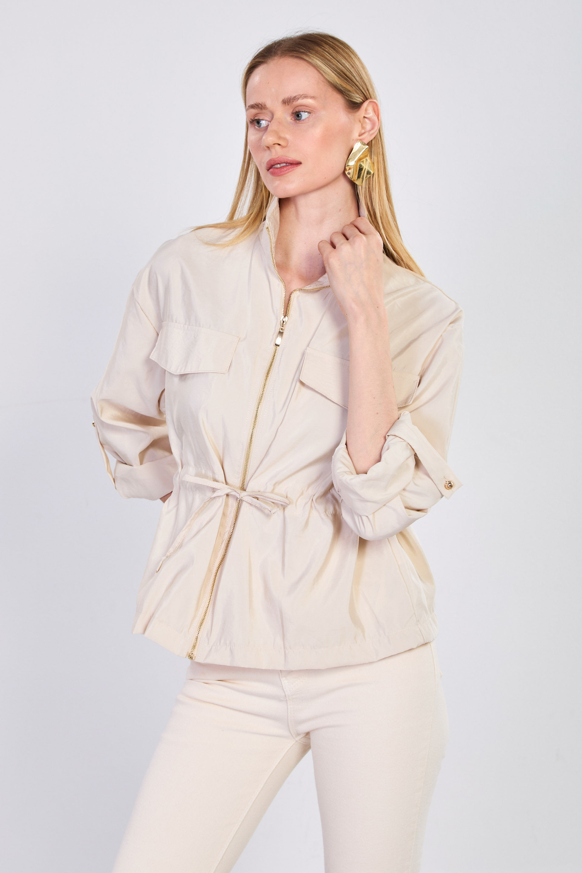 Kadın Beli Lastikli Fermuarlı Ceket - Bej