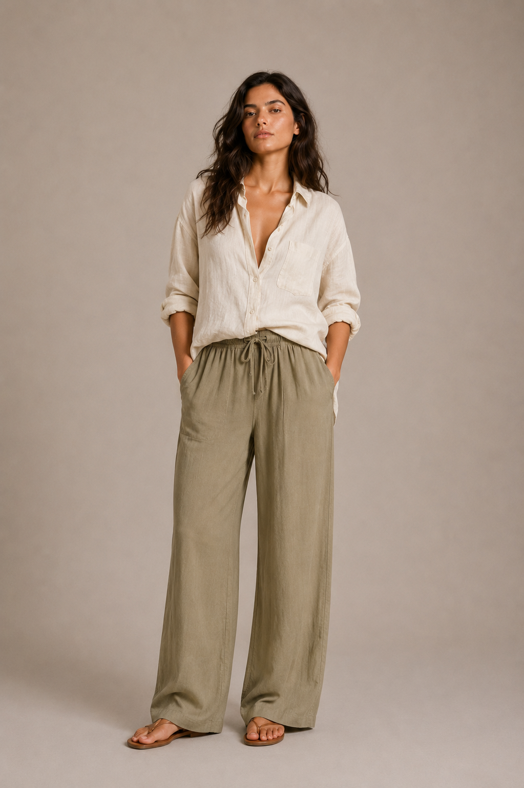 Kadın Beli Lastikli Kare Cep Bol Pantolon - Olive