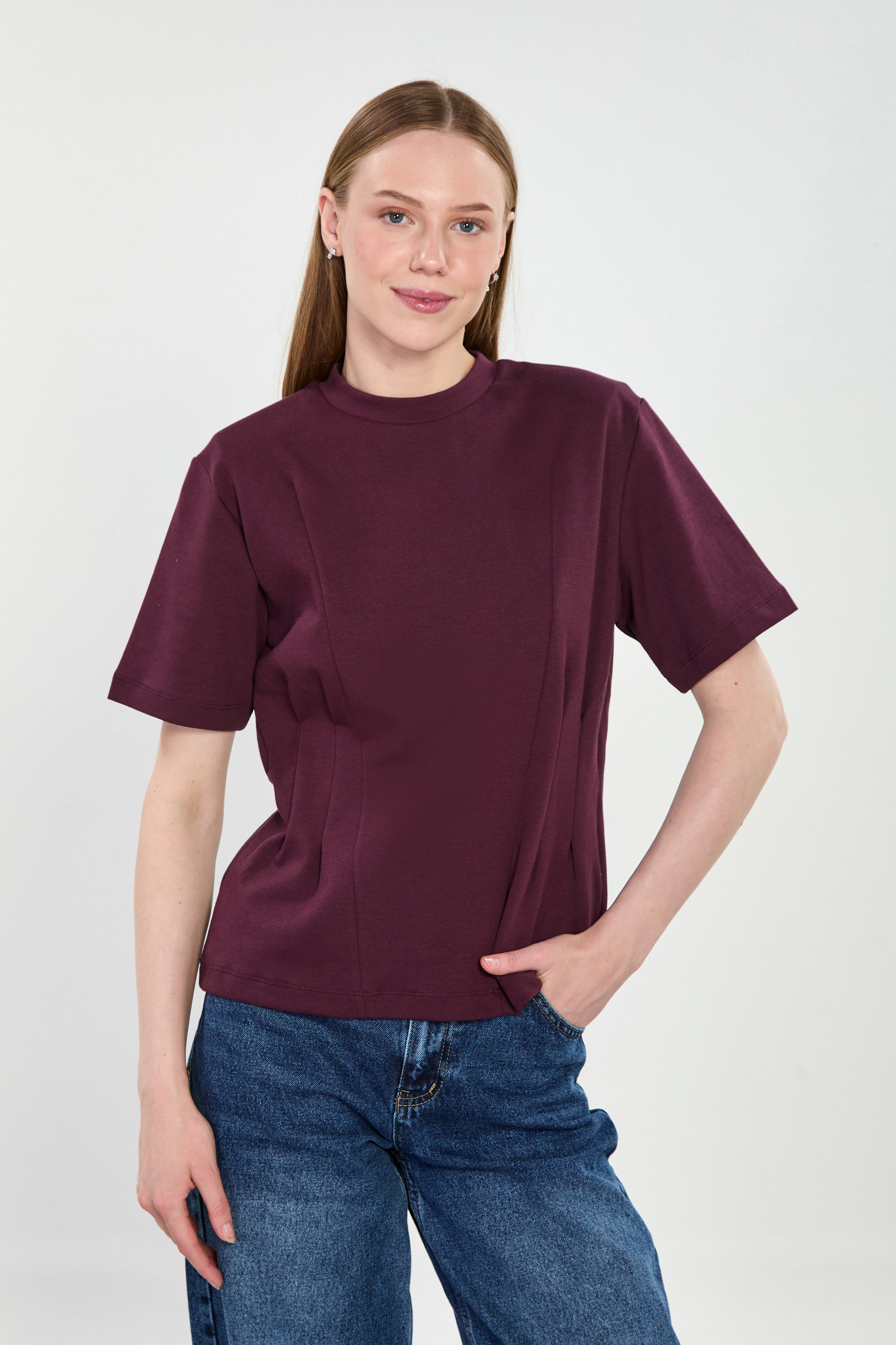 Kadın Vatkalı Fit Kesimli T-Shirt - Mürdüm