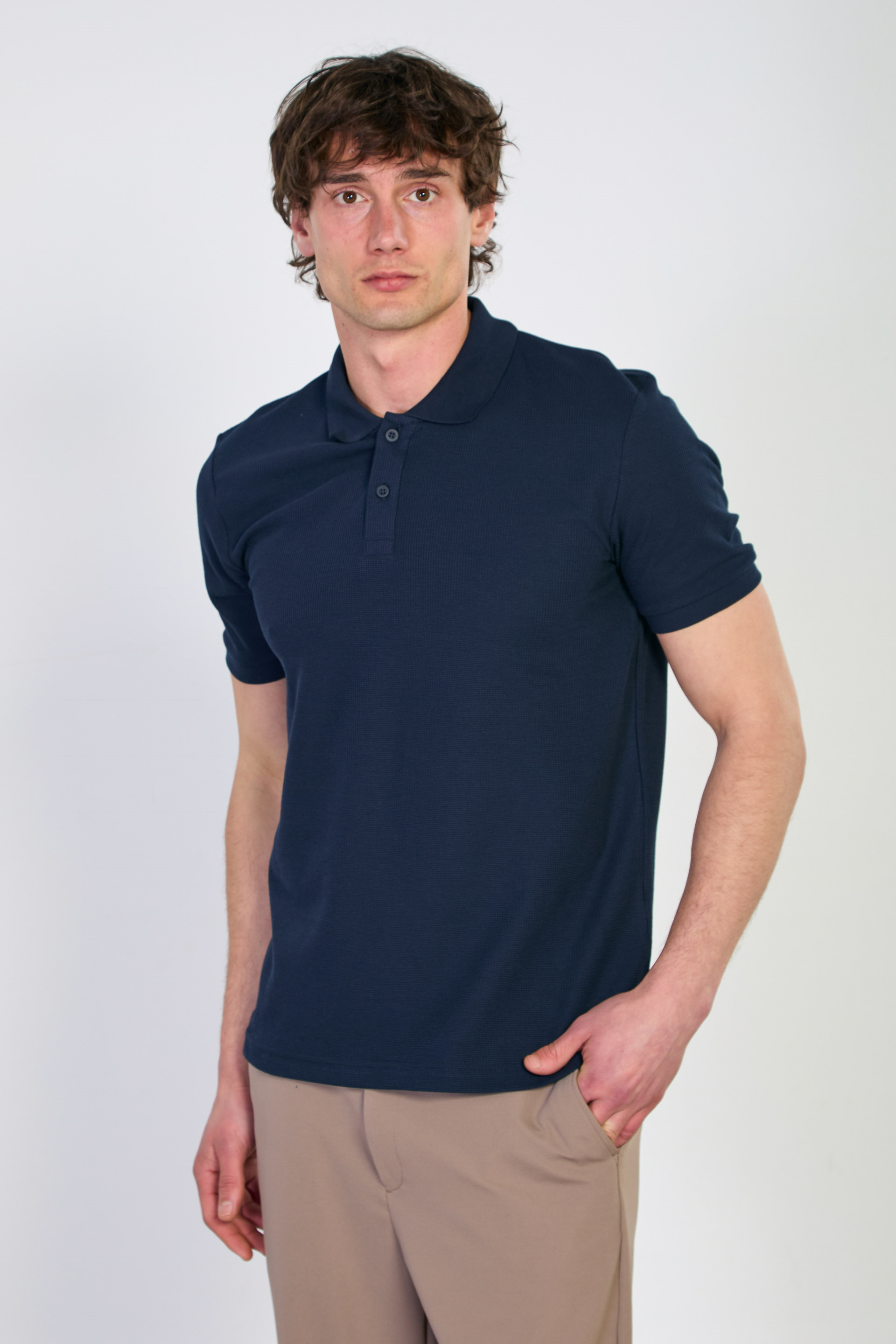 Erkek Waffle Polo Yaka T-Shirt - İndigo