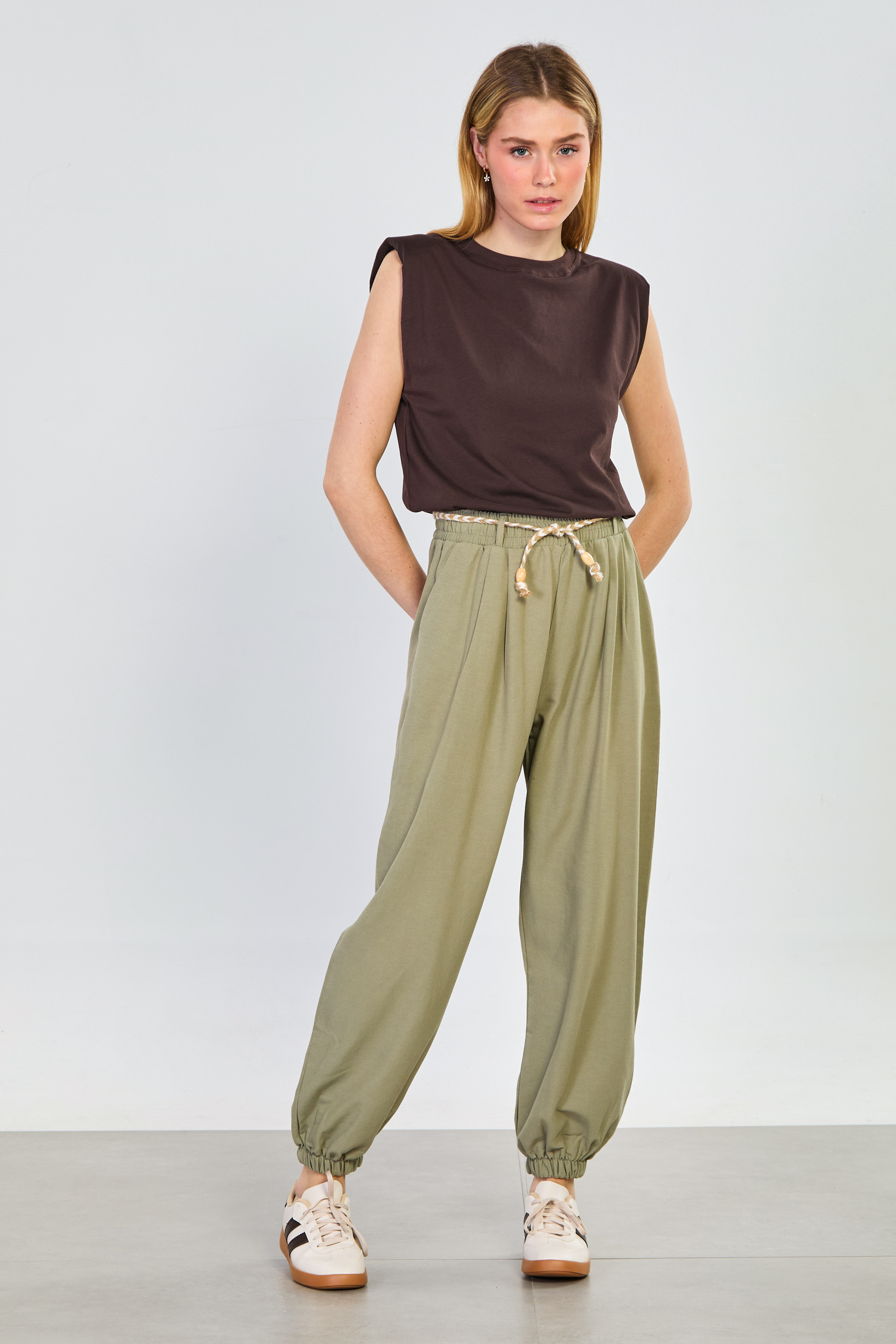 Kadın Hasır Kemerli Paça Lastikli Pantolon - Çağla