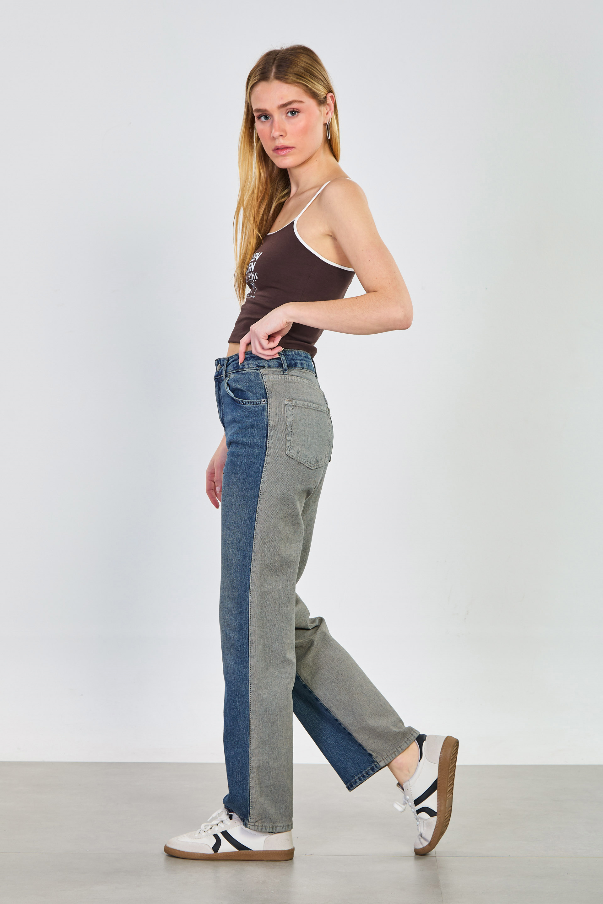 Kadın J93 Renk Bloklu Wide Leg Jean - Kahve Tint
